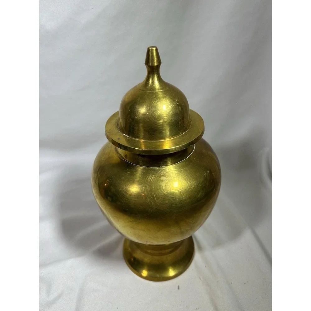 Vintage Solid Brass Lidded Ginger Jar MCM Mid Century Hollywood Regency Vessel